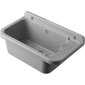 Lavatoio t.b.t. grigio in plastica con scarico e fori di montaggio.