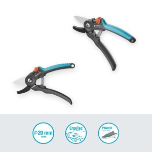 Cesoie da giardino Gardena PremiumCut per legno secco, cesoie a incudine con manici blu-grigi.