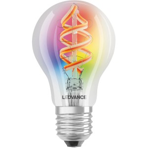 Lampadina Ledvance Smart+ Filament RGBW E27, forma a bulbo trasparente con design a filamento e cambio colore.