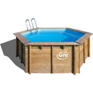 Piscina rotonda Gre in legno vaniglia con scala, legno marrone, interno blu.