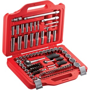 Valigetta attrezzi t.b.t., rossa, con diverse bussole, inserti e cricchetti.