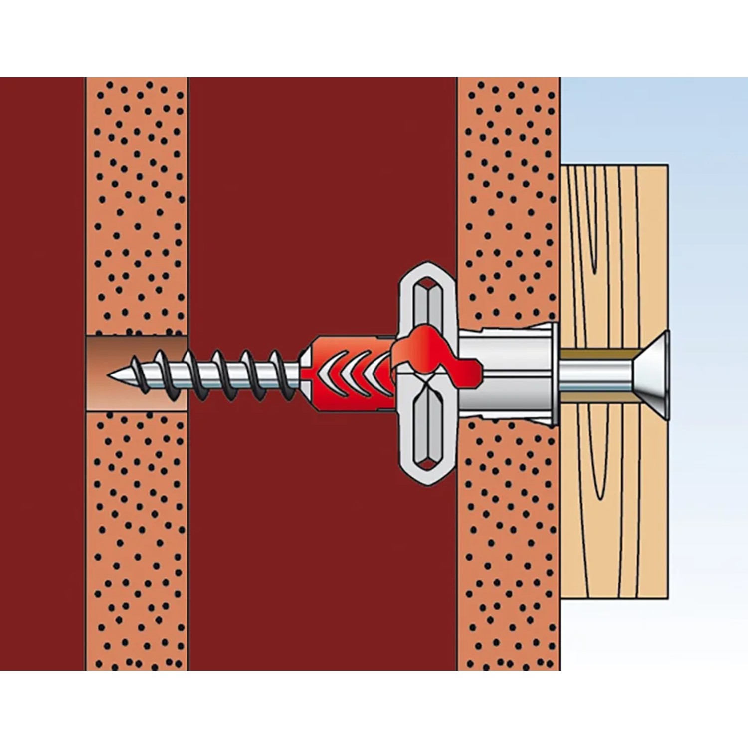 Illustrazione di un tassello Fischer Duopower 6x50 con vite in muro e legno.