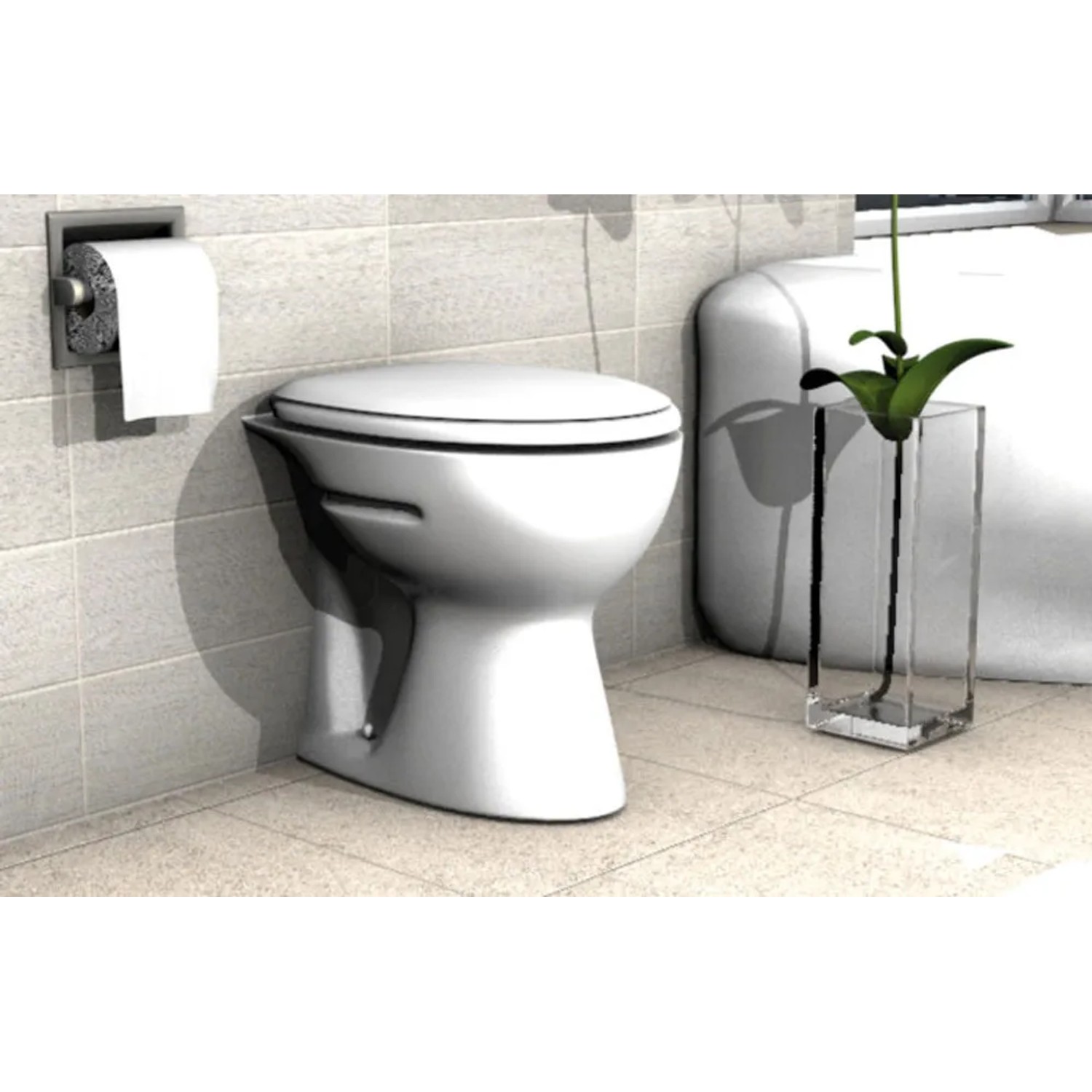 WC a pavimento bianco con porta carta igienica e decorazione in bagno.