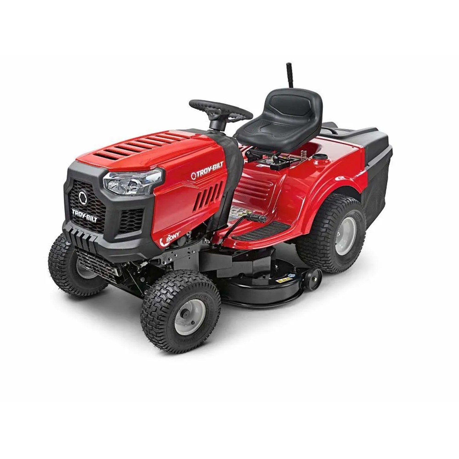 Trattorino tagliaerba rosso Troy-Bilt Pony 92 T-R Select con scarico posteriore.