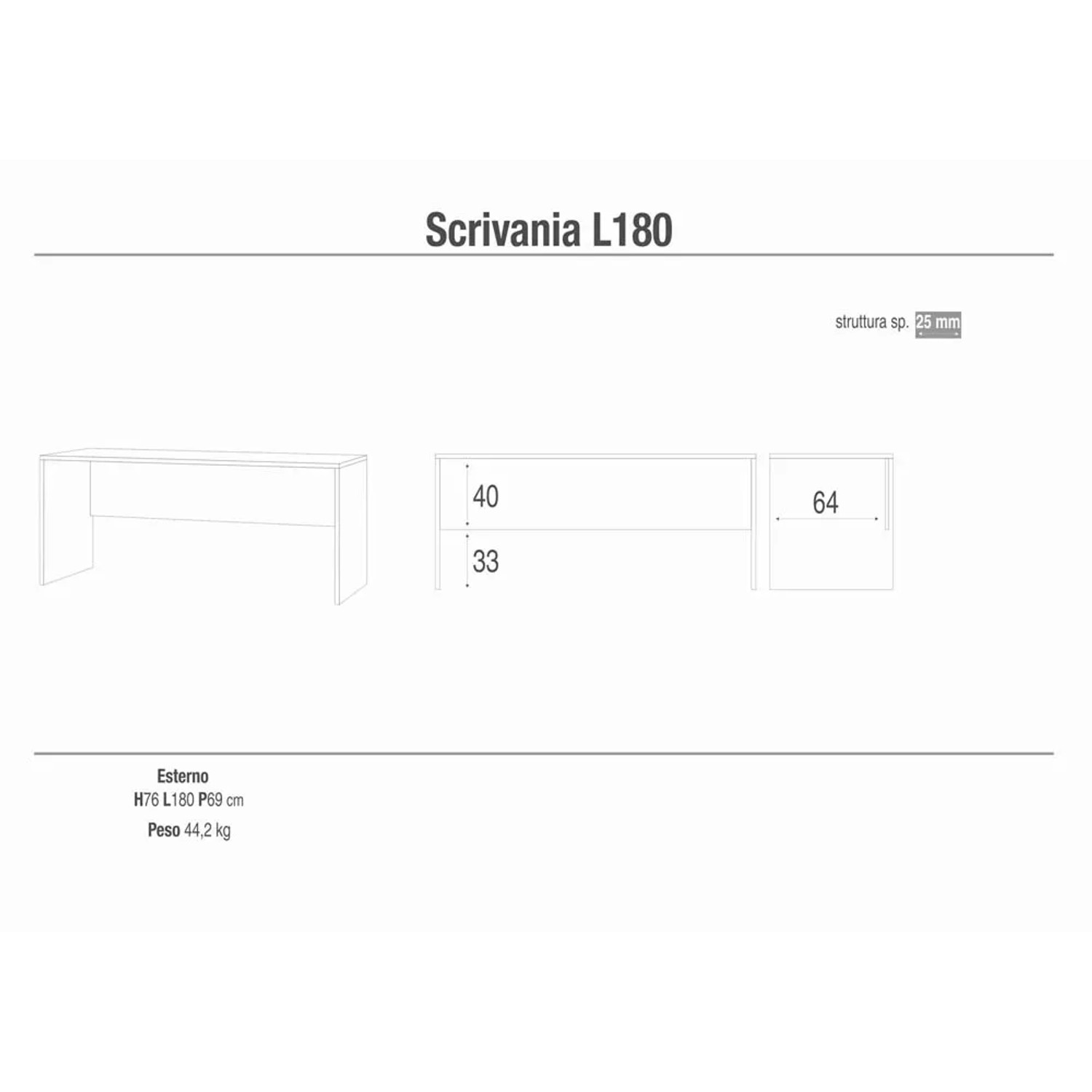 Disegno tecnico di una scrivania con dimensioni.