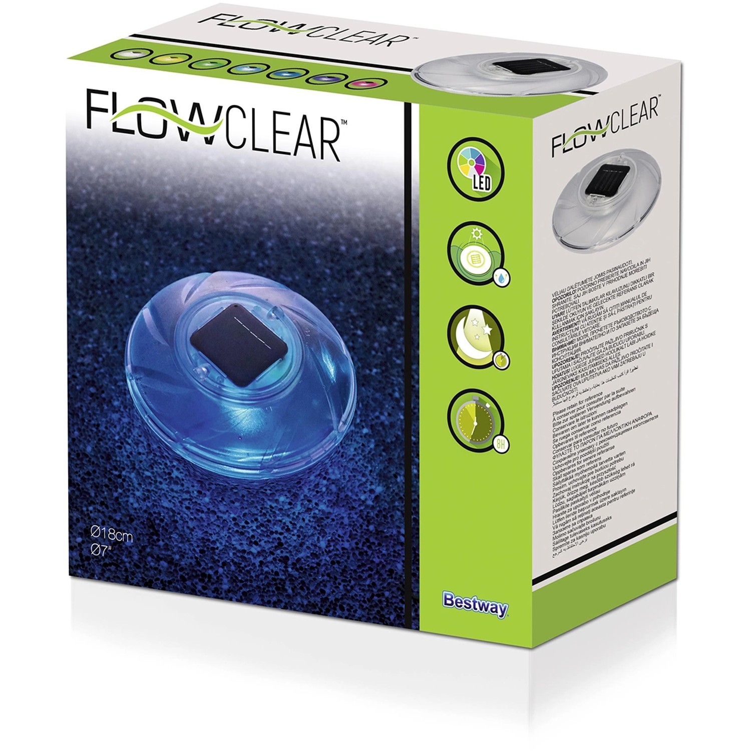 Flowclear luce solare a LED per piscina nella confezione. Illuminazione galleggiante per piscina con cambio colore.