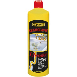 Flacone giallo di t.b.t. sturalavandini Saratoga, per la pulizia degli scarichi.