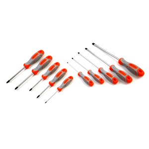 Set di 9 cacciaviti con manici grigio-arancio.