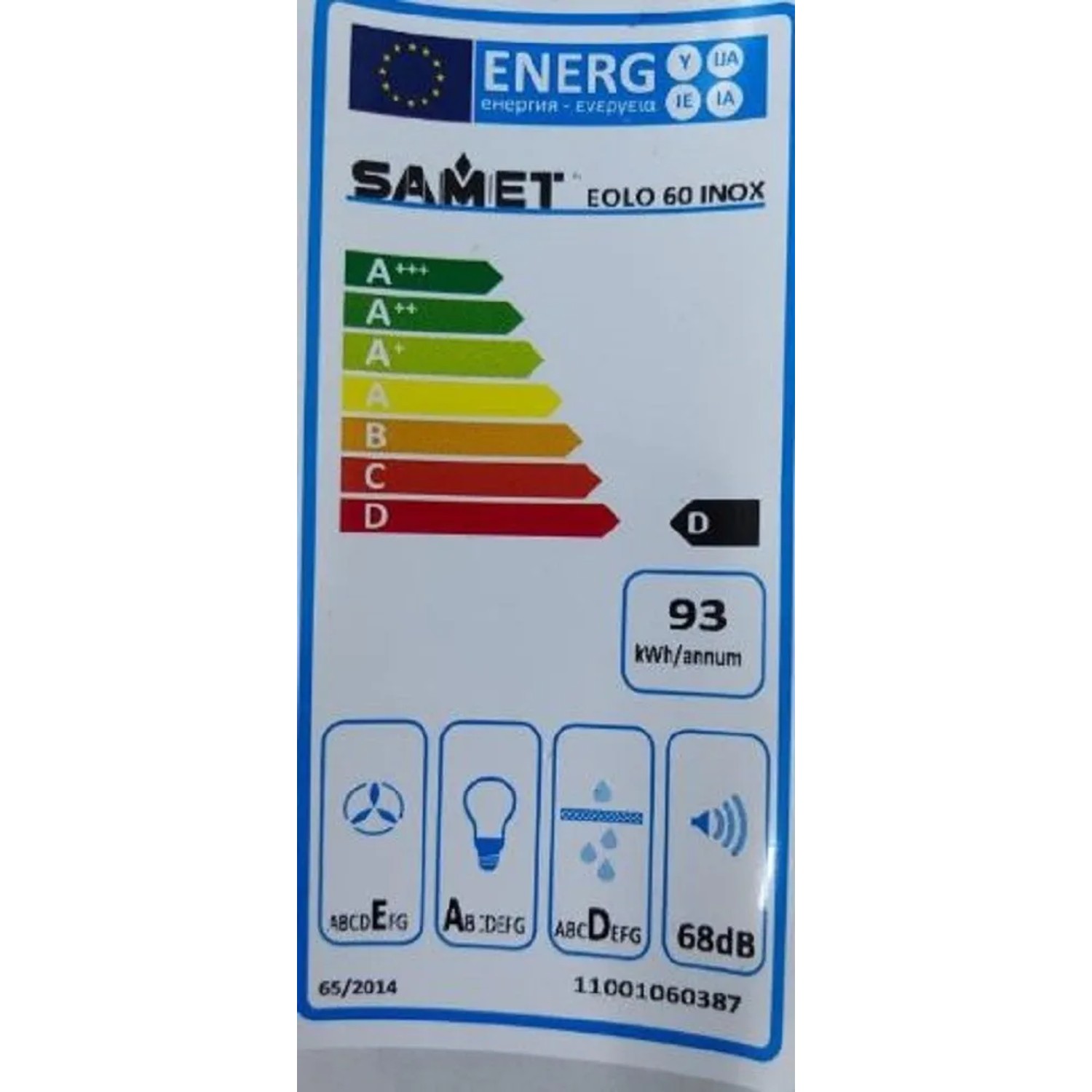 Etichetta energetica per cappa aspirante SAMET EOLO 60 INOX, classe energetica D, 93 kWh/anno, 68 dB.