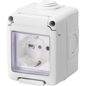 Presa a muro bianca con coperchio a cerniera per ambienti umidi.