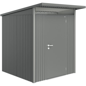 Casetta da giardino in metallo grigio con porta e tetto. Ideale per riporre gli attrezzi da giardino.