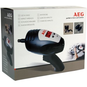 Confezione di un avvitatore a impulsi AEG per accessori auto. Il dispositivo è nero con display digitale.