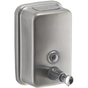 Dispenser sapone in acciaio inox, rettangolare, con pompa e indicatore di livello.