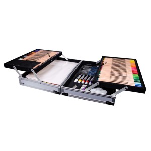 Set artista t.b.t. in valigetta di alluminio, aperto con matite, colori e accessori.