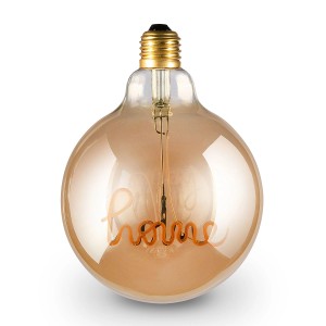 Lampadina LED E27 decorativa con scritta "Home" e luce calda.