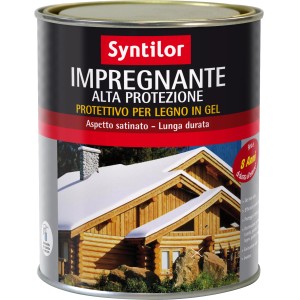 Barattolo di impregnante per legno Syntilor con immagine di una casa in legno.
