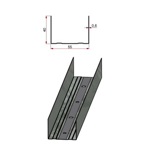 Profilo t.b.t. per cartongesso, vista dettagliata con dimensioni.