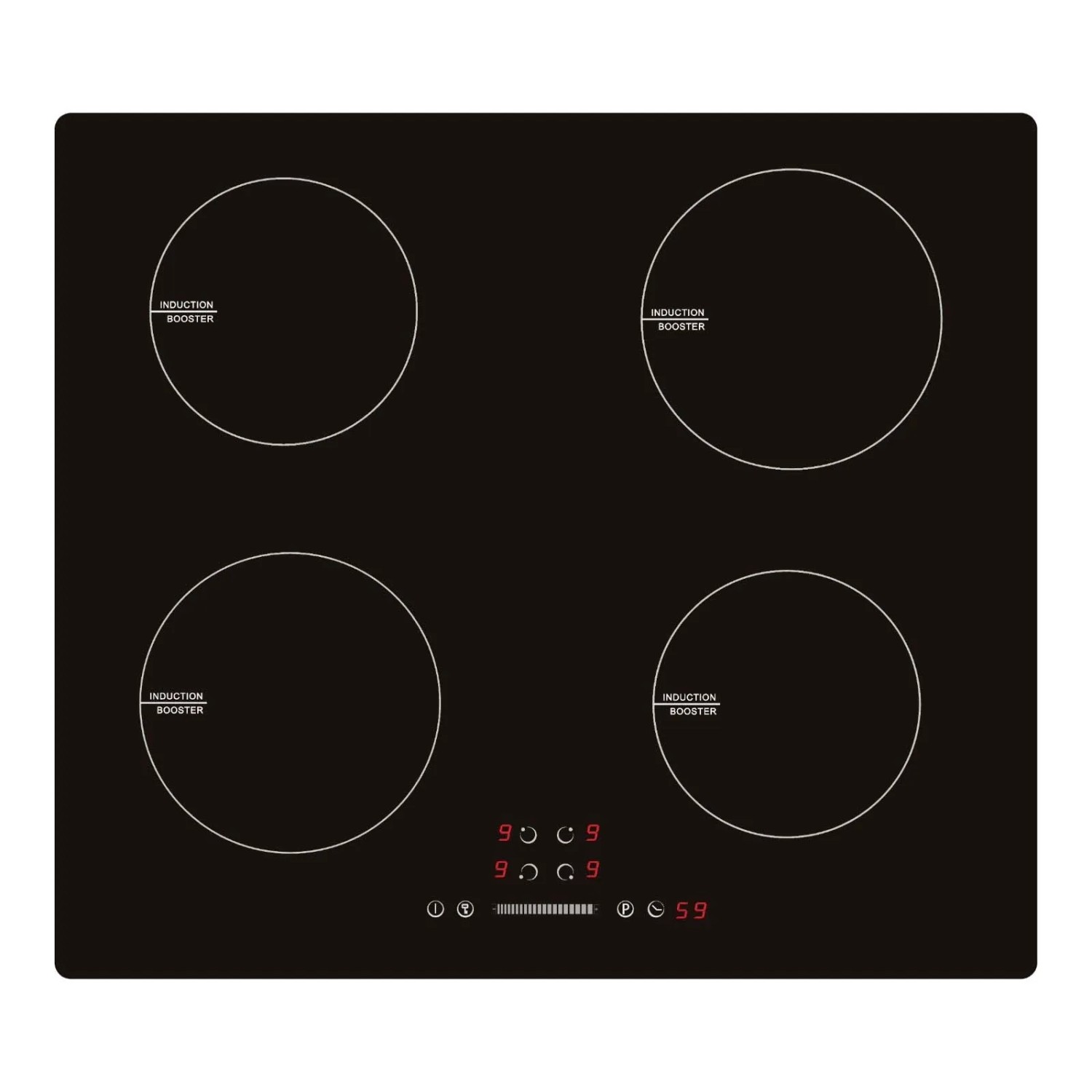 Piano cottura a induzione t.b.t. nero con quattro zone di cottura.