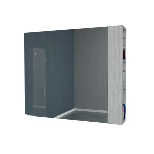 Specchiera t.b.t. con anta blu e ripiani laterali effetto legno.