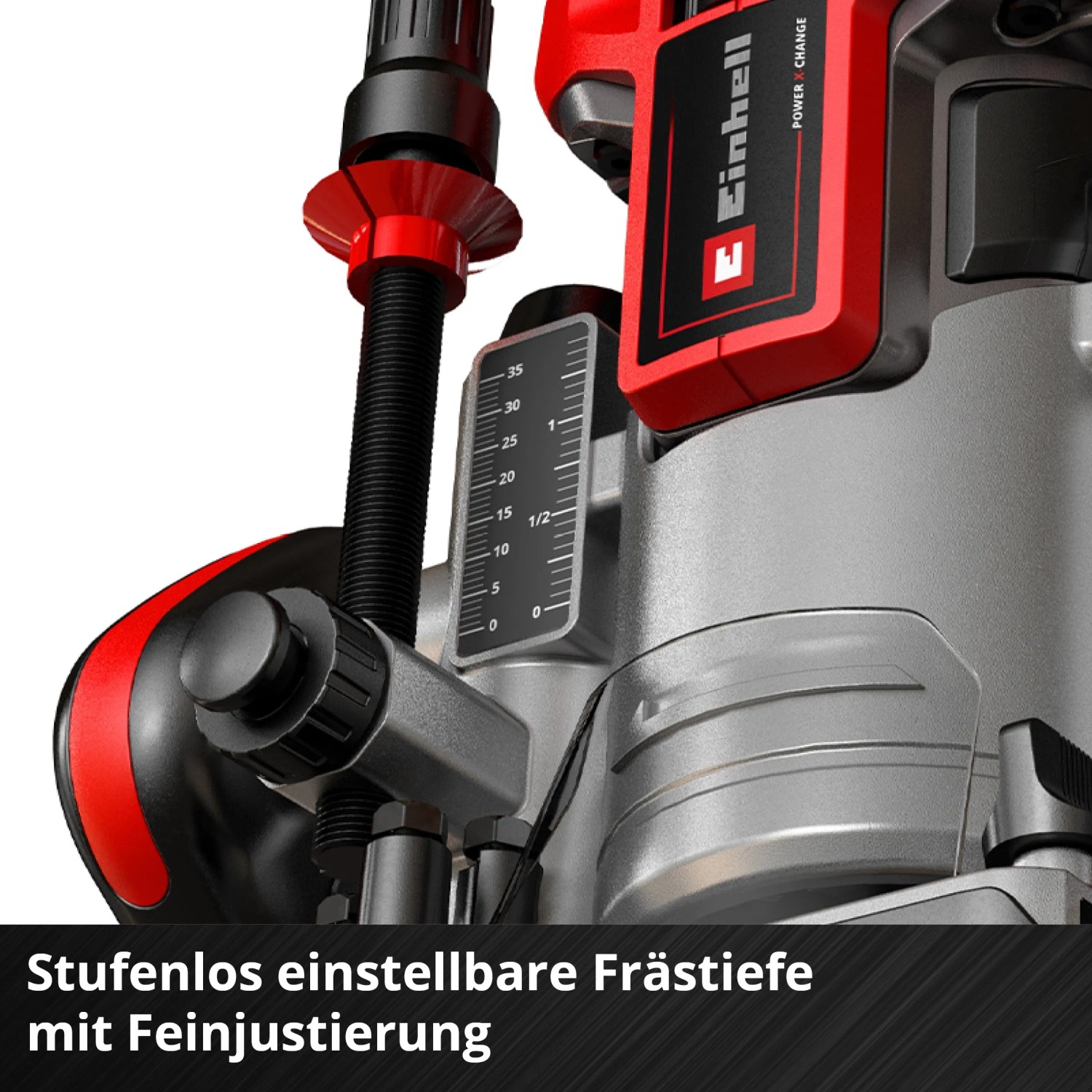 Dettaglio della fresatrice a batteria Einhell TP-RO 18 Li BL con regolazione della profondità.