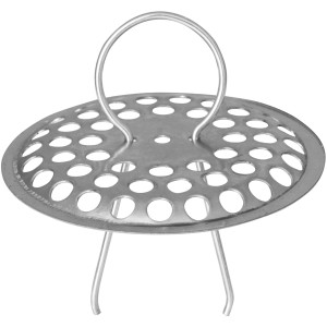 Tappo/filtro lavandino in acciaio inox con manico e piedini per lavabo.