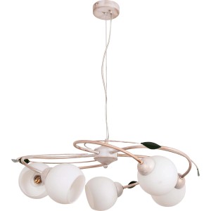 Lampada a sospensione t.b.t. bianca con cinque globi di vetro per interni.