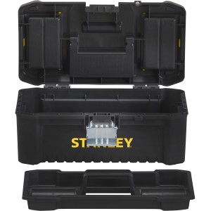 Cassetta portautensili Stanley Essential in plastica da 12,5 pollici aperta con chiusure in metallo e vassoio rimovibile.