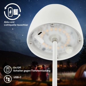 Lampada da tavolo a LED ricaricabile Brilo Serina Mini bianca, dettagli come porta USB-C e interruttore visibili.
