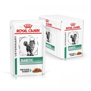 Royal Canin Diabetic cibo umido per gatti, fettine sottili in salsa, confezione e scatola.