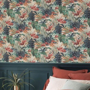 Carta da parati decorativa t.b.t. con motivo tropicale di foglie e fiori.