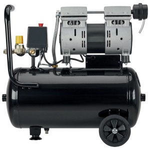 Compressore nero t.b.t. con ruote e maniglia per un facile trasporto.