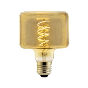 Lampadina LED E27 quadrata con vetro dorato e filamento a spirale.