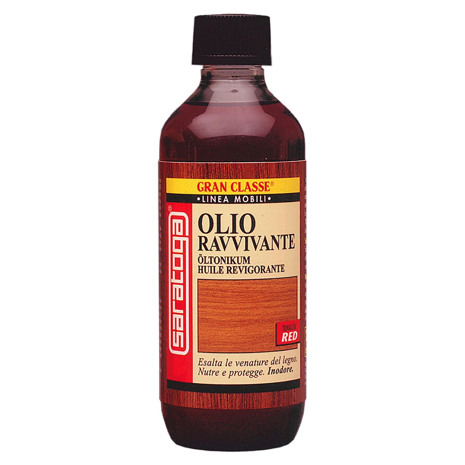 Olio per legno t.b.t. in contenitore di vetro marrone. Adatto per la cura e la protezione delle superfici in legno.