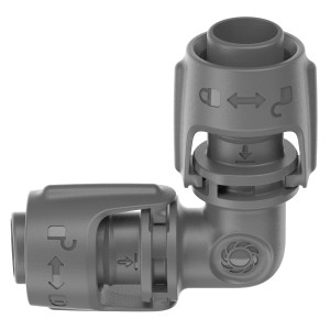 Raccordo a gomito grigio t.b.t. per irrigazione interrata.