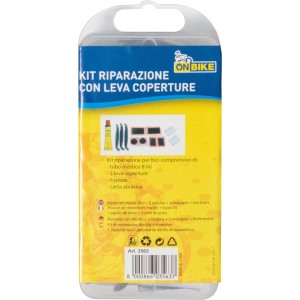 Kit riparazione bici con toppe, levacopertoni e carta vetrata per la manutenzione della bici.