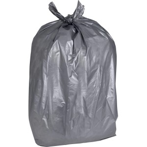 Sacco per rifiuti grigio per carichi pesanti da 240 l pieno e legato. Sacchetto resistente agli strappi per casa, giardino e industria.