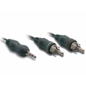 Cavo audio verde: jack da 3,5 mm a 2 connettori RCA per trasmissione audio e video.