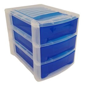 Cassettiera t.b.t. con 3 cassetti blu e struttura trasparente.