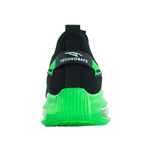 Scarpa da lavoro nera t.b.t. con suola verde e scritta "TECHNOSAFE".