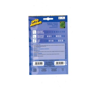 Bustina di semi di spinaci 'Merlo Nero' di Orto Jumbo, ideale per coltivare erbe aromatiche.