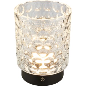 Lampada da tavolo LED con vetro trasparente e base nera. Lampada decorativa per interni.