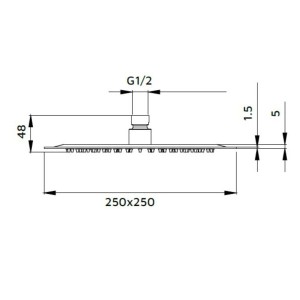 Disegno tecnico: soffione doccia t.b.t., dimensioni e connessioni per l'installazione.