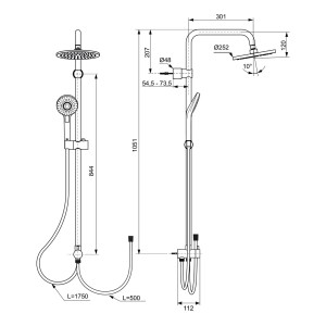 Disegno tecnico di una colonna doccia t.b.t. con misure e dettagli.