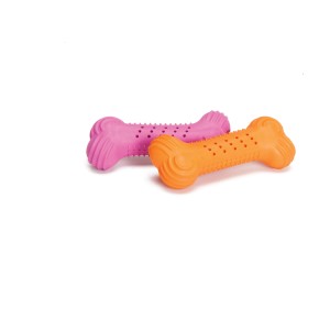 Due ossi t.b.t., uno rosa e uno arancione, per cani da masticare.