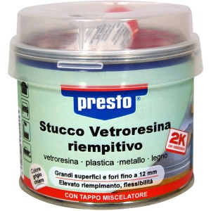 Stucco vetroresina Presto 250g per riparazioni auto, ideale per superfici tese.