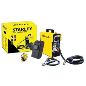 Set saldatrice Stanley con accessori: maschera per saldatura, bobina di filo e saldatrice gialla.