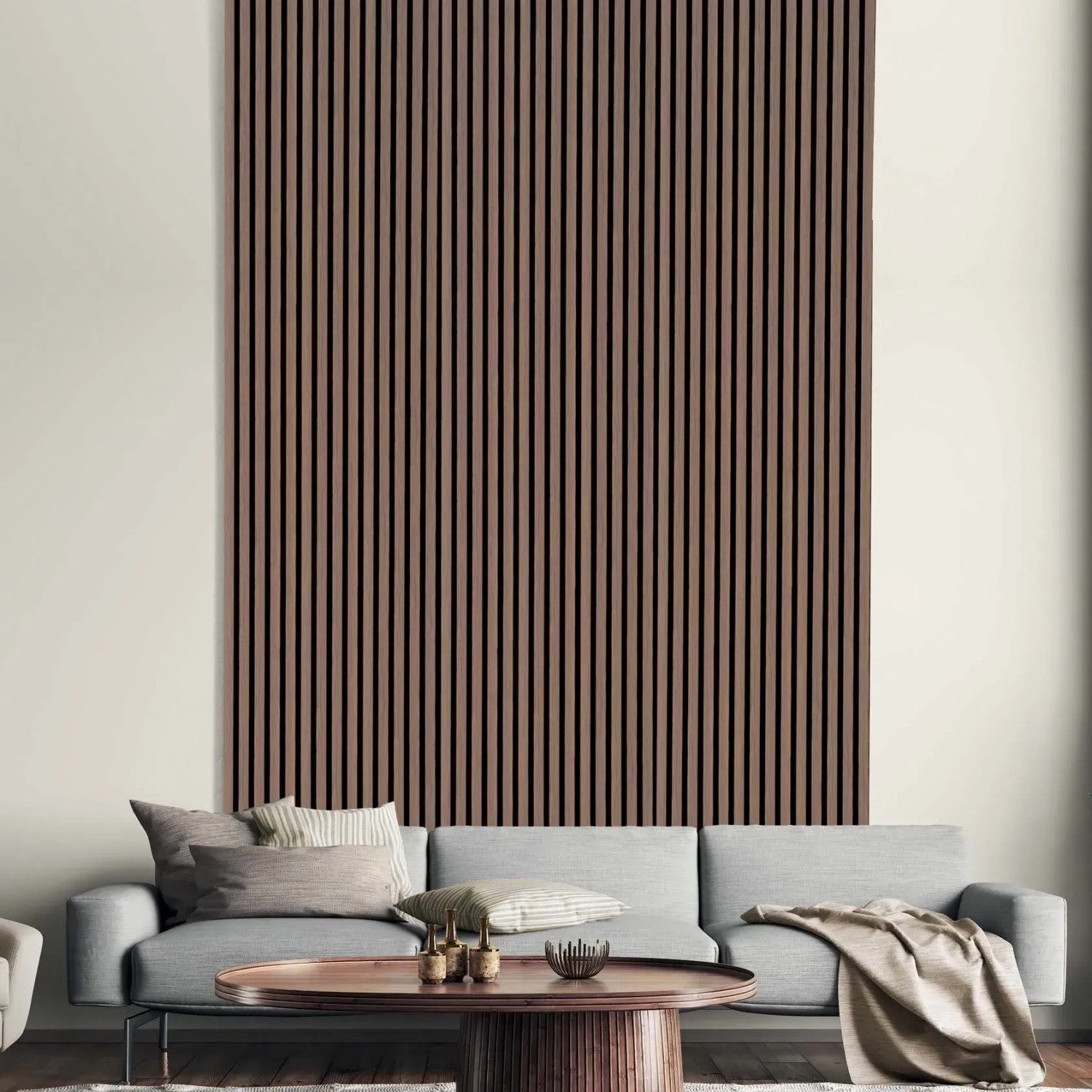 t.b.t. Pannelli fonoassorbenti effetto legno su parete del soggiorno.