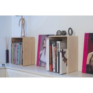 Scaffale Cassapanche in legno decorato con riviste e libri.