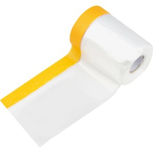 Pellicola protettiva 2-in-1 bianca con nastro Washi giallo, parzialmente srotolata. Ideale per pittura e protezione.