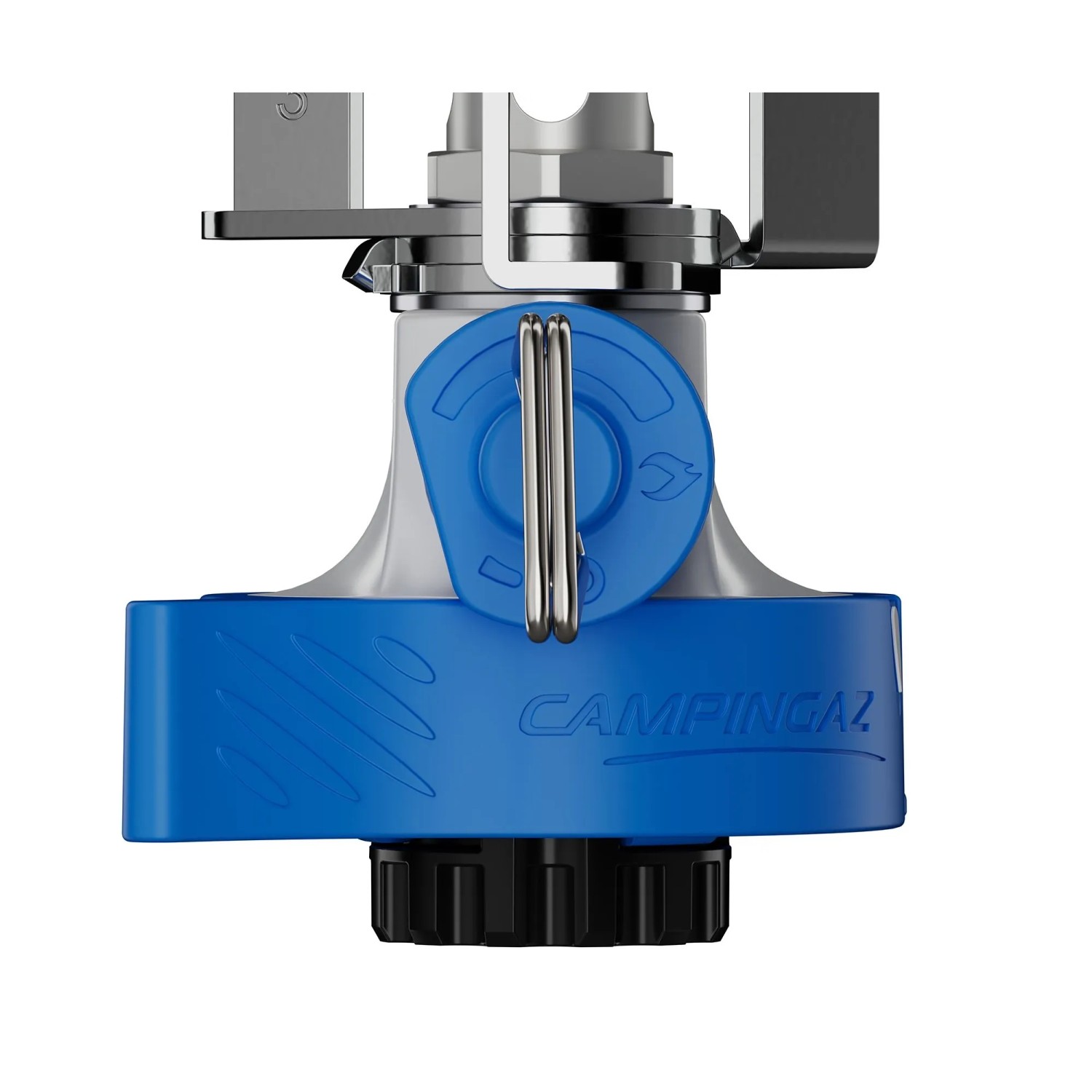 Fornello a gas Campingaz Twister Connect, fornello da campeggio compatto con base blu e supporti per pentole argentati.